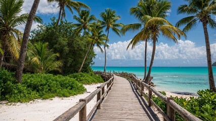 Tropical Paradise Beach with Wooden Pathway and Palm Trees