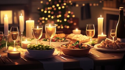A festive dining scene depicting candles and food on the table