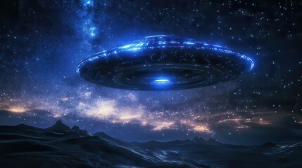 Obraz premium Huge alien spaceship hovering over a mountainous planet at night