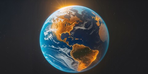 A view of planet earth showing north and south america with sunlight in a dark space background.