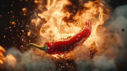 Red hot chili pepper burning in flames with spices exploding around it