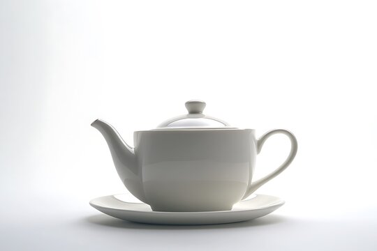 A modern take on tea time with a sleek, white porcelain teapot and cup, the clean lines of the tea set standing out against the white background.