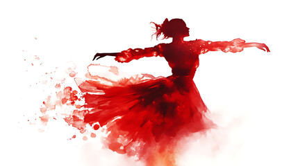 passionate watercolor illustration of flamenco dancer in vibrant red tones, showcasing dynamic movement and artistic splashes, evoking energy and grace
