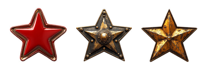 Obraz premium Three distinct star shaped designs featuring red star, metallic star with vintage look, and rusty star, showcasing unique textures and colors