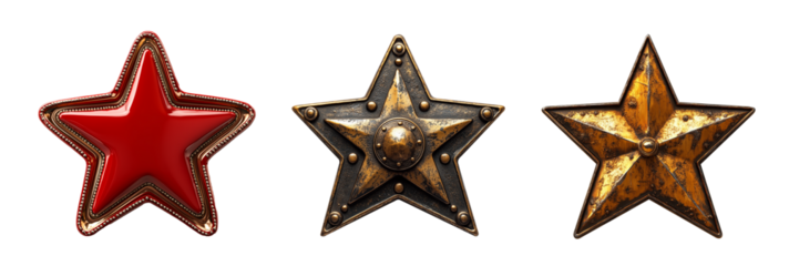 Three distinct star shaped designs featuring red star, metallic star with vintage look, and rusty star, showcasing unique textures and colors