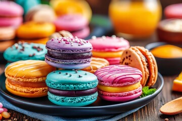Fototapeta premium Variada selección de macarons en tonos pastel dispuestos con elegancia en un plato en una mesa acogedora
