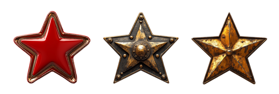 Three distinct star shaped designs featuring red star, metallic star with vintage look, and rusty star, showcasing unique textures and colors