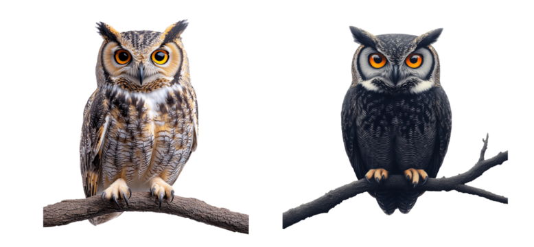 spooky owl perched on branch, its eyes wide and alert, showcasing striking features and contrasting colors