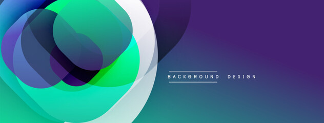 Abstract colorful overlapping circles create dynamic visual effect. Gradient shades blend smoothly, forming modern background design. Purple dominates right side.