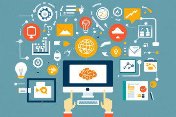 Hand using a computer with icons representing artificial intelligence, education, and online learning concepts