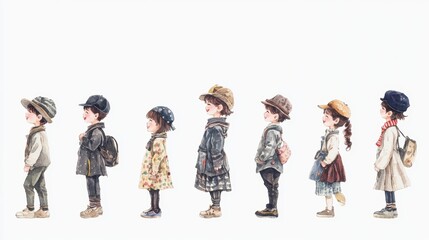 Fototapeta premium Watercolor artwork of happy preschool children, each with unique expressions and outfits, standing in a row for a heartwarming composition.