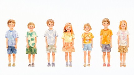 Watercolor artwork of happy preschool children, each with unique expressions and outfits, standing in a row for a heartwarming composition.