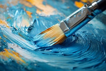Obraz premium Close-Up of Paintbrush Blending Blue Acrylic Paint on Canvas, Artistic Texture and Creative Process