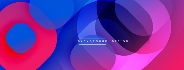 Abstract colorful circles overlap creating dynamic visual effect. Gradient shades of blue, purple, pink dominate composition. Modern background design element.