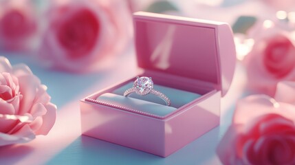 Silver ring with a diamond. Golden ring with a diamond. Wedding accessories. Wedding Rings. Diamond engagement ring. Ring in box. Ring and flower. Elegant diamond. Romance and luxury. Marriage