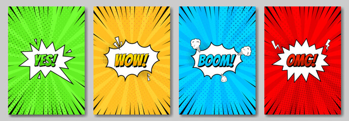 Set of comic pop art poster. Vintage retro design. Radial backdrop with halftone elements. © Goldenboy_14