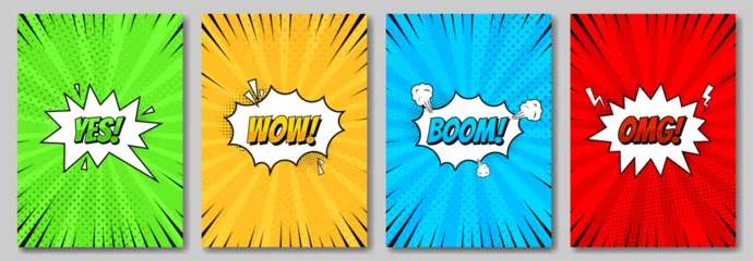 Gardinen Pop Art Set of comic pop art poster. Vintage retro design. Radial backdrop with halftone elements.  © Goldenboy_14