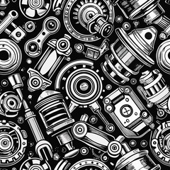Seamless Automotive Engine Parts Pattern in Vintage Engraving Style
