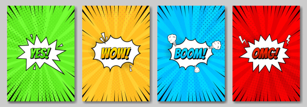 Fototapeta Set of comic pop art poster. Vintage retro design. Radial backdrop with halftone elements.