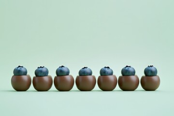 Six blue blueberries atop brown spherical shaped decorative objects