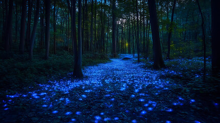 Fototapeta premium mystical forest illuminated by glowing bioluminescent plants, creating magical and serene atmosphere under twilight sky. vibrant blue light contrasts beautifully with dark trees
