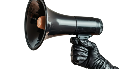 Png of A gloved hand holds a black megaphone, symbolizing communication and announcement, set against a neutral background.