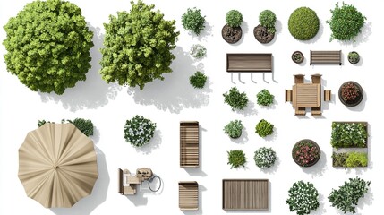 Overhead view of a serene park design featuring lush greenery wooden benches a gazebo and a charming dining set under soft