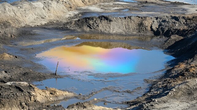 Colorful iridescent abstract shapes formed on surface of tar-covered water in natural asphalt pit. Concept of pollution, chemical reaction, environmental texture, oily liquid, toxic surface pattern