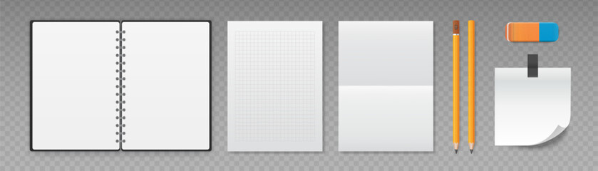 A4 paper sheets, notepad, pencils and eraser. Writing set, school and office supplies. Vector illustration