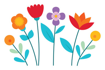Colorful Flower Doodles Orange Daisy, Red Tulip, Purple Pansy Vector Set