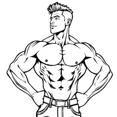 Fototapeta premium Muscular Figure in Action: A bold, black and white illustration of a muscular man. Emphasizing strength, fitness, and a determined outlook.