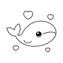 kawaii whale head with hearts around it and big eyes