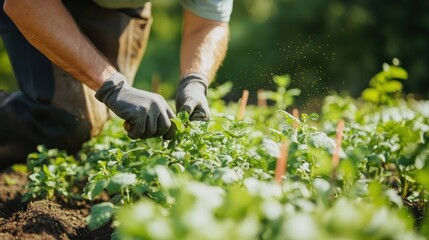 Naklejka premium A farmer using natural pest control methods in an organic garden, --ar 16:9 --v 6.1 Job ID: da73586d-297f-48e5-9bea-39a93157a917