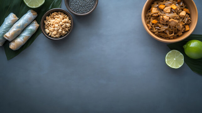 Flat lay of Thai street food featuring pad thai with tofu, fresh spring rolls, crushed peanuts, sesame seeds, and lime on gray background, evoking vibrant and appetizing mood