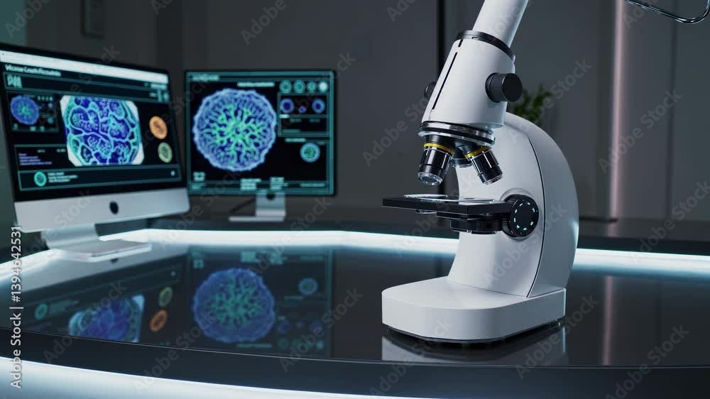 Poster exploring advanced microscopy techniques in a modern laboratory setting with digital displays