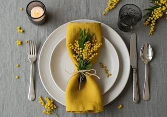 Table setting with yellow napkin and mimosa flowers for a festive spring or easter celebration