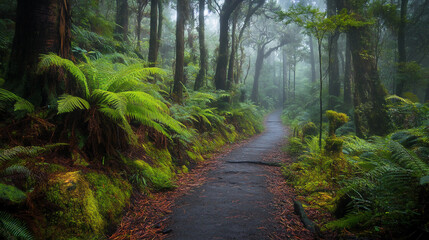 Obraz premium Forest path with moss and fallen leaves