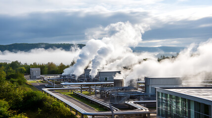 modern geothermal energy plant with steam rising from multiple vents, surrounded by lush greenery and hills under partly cloudy sky, showcasing sustainable energy production