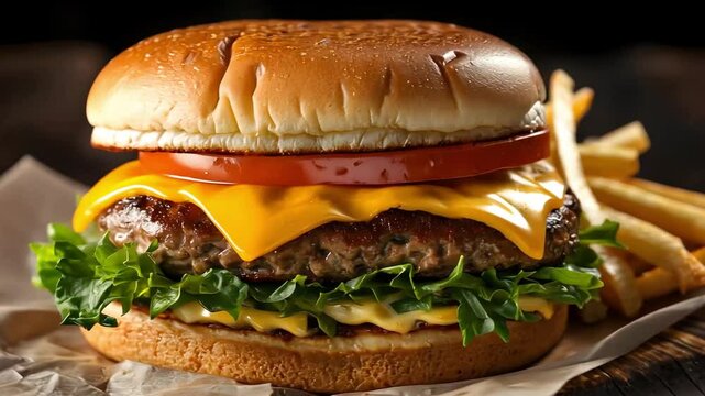 Juicy cheeseburger with melted cheese, lettuce, tomato, and fries.  Close-up shot highlighting texture and deliciousness. Perfect for food blogs, menus, and restaurant advertising.