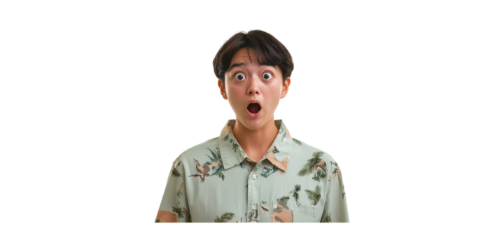 Surprised Young Person In Tropical Shirt. Expressive Reaction And Emotion Isolated On Transparent Background