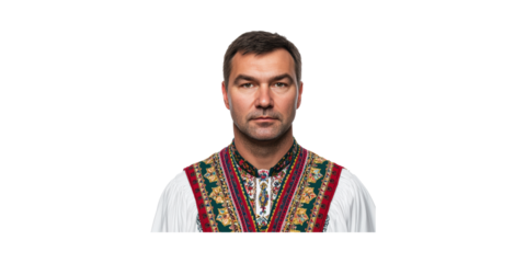 Man In Traditional Eastern European Attire. Cultural Heritage And Ethnic Fashion Portrait Isolated On Transparent Background