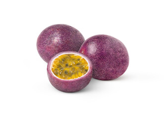 Passion fruit and a half isolated. Maracuya fruits and a cut in half with shadows