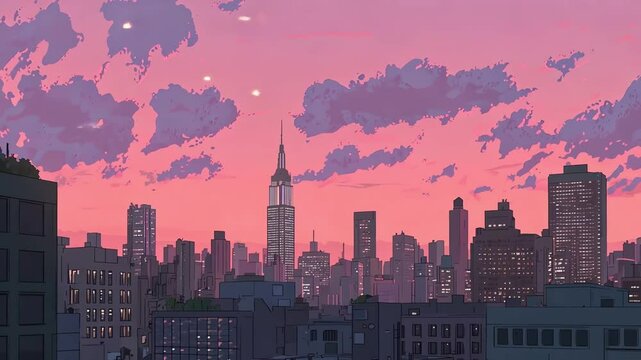 Pink sunset over a stylized cityscape, featuring iconic skyscrapers and a vibrant, dreamy sky. Perfect for backgrounds, social media, and design projects.