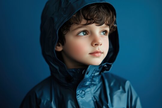 A young boy wearing a hooded blue raincoat looks thoughtfully