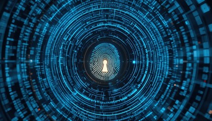 Security zero trust concept. A digital representation of a fingerprint surrounded by circular patterns, symbolizing security, data protection, and biometric technology.