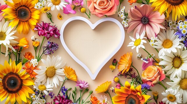 A white heart outline surrounded by vibrant flowers like sunflowers and daisies on a soft beige background.  HD 8K wallpaper Photographic Image
