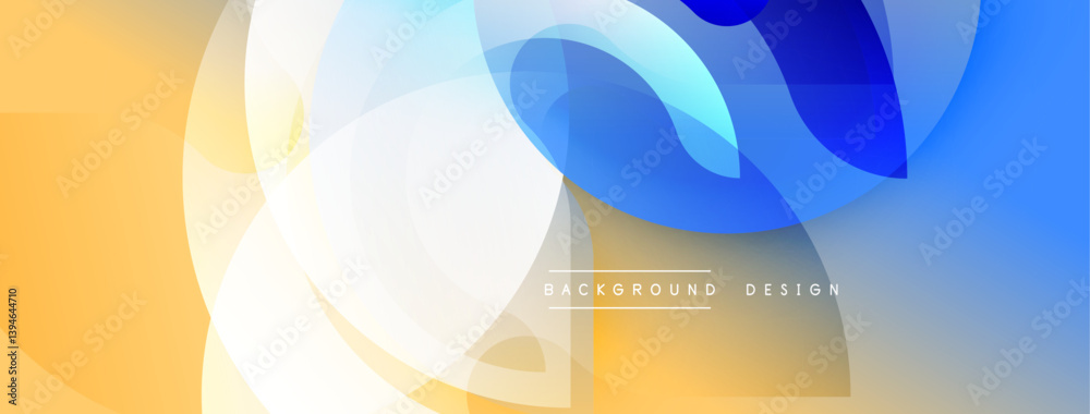 Poster Abstract design features overlapping translucent shapes. Warm yellow blends into cool blue, creating dynamic visual flow. Soft gradients enhance depth, modern aesthetic.