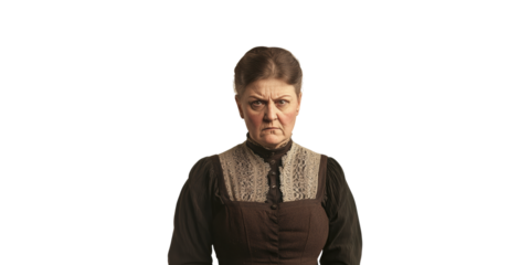 Stern Elderly Woman In Vintage Attire. Expression Of Disapproval And Authority Isolated On Transparent Background