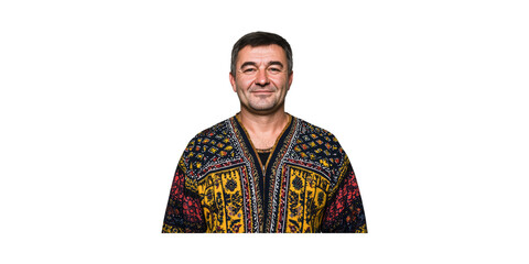 Fototapeta premium Smiling Man In Colorful Traditional Attire. Cultural Heritage And Fashion Expression Isolated On Transparent Background