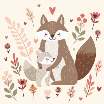 Little wolf hugs his mother. Sweet illustration for Mother's Day. 
Cute hand drawn vector illustration in a flat style.